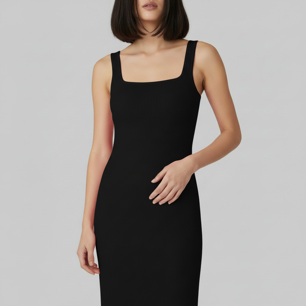 Square Neck Midi Black Dress | Women's Body Shaping Dress 1